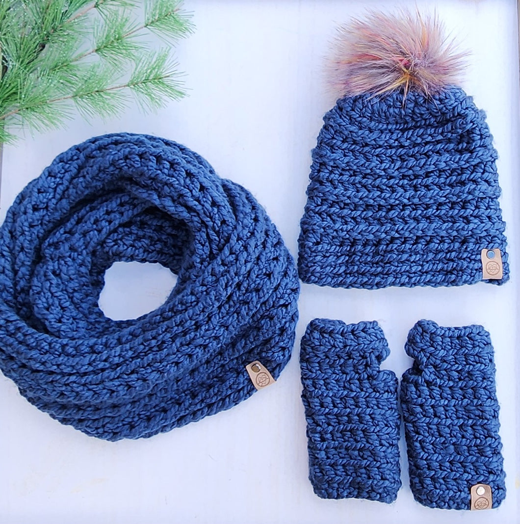 Ready to Ship - Set - Beanie, Infinity Scarf & Fingerless Gloves